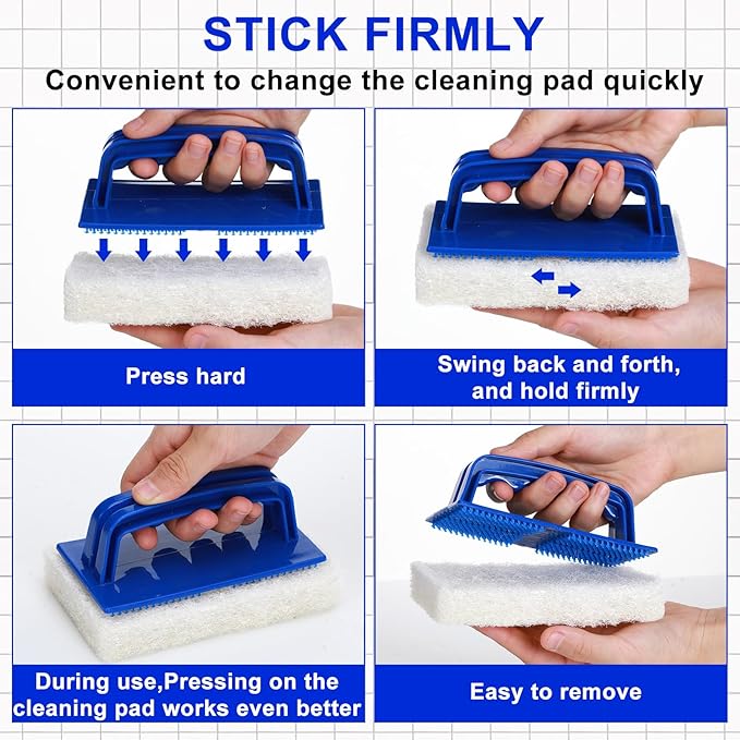 Maxdot 18 Pcs Handled Bath Scrubber Set 15 Bathroom Scouring Pad 3 Bathtub Scrubber with Handle Non Scratch Soap Scum Remover for Cleaning Sink Shower Tile Swimming Pool Step Corner(Blue and White)