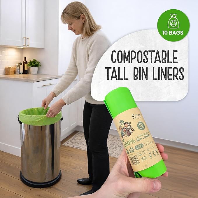 Eco Green Living 60 Litre Compostable Bin Liners Plastic Free &amp Recyclable Tall Bin Bags for Food Waste Leak Resistant Small Bin Liners 87 x 114 cm - Six Pack (60 Bags)