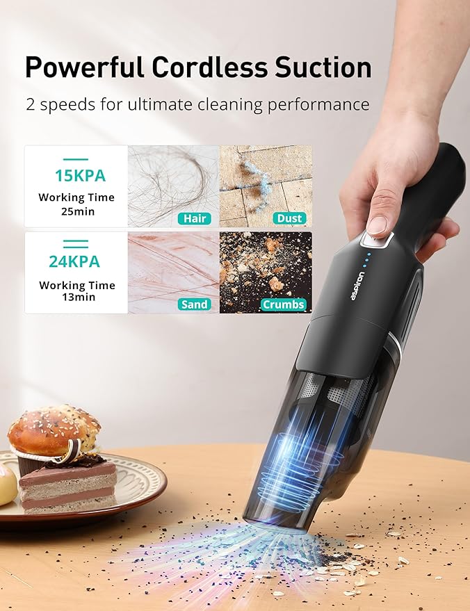 Aspiron Cordless Handheld Vacuum 24KPA Powerful Car Vacuum 2-Speed 2 Charging Methods Wireless Charger Ergonomic Handle Portable Rechargeable Vacuum Cleaner for Car Home Black Grey