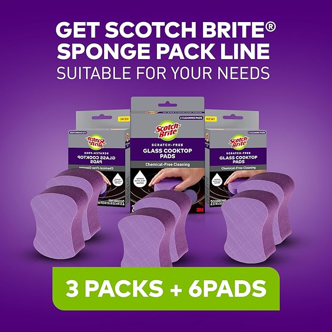 Scotch-Brite Glass Cooktop Pads Scratch-Free &amp Non-Abrasive Scrubbers for Glass or Ceramic Stovetops Cleans Burnt-On Messes with Just Water Reusable Dishwasher-Safe Design (6 Pads)