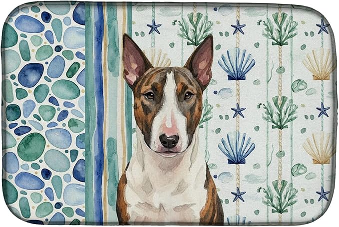 Caroline's Treasures Brindle and White Bull Terrier Coastal Sea Glass Dish Drying Mat Absorbent Dish Drying Mat Pad for Kitchen Counter Dish Drainer Mat for Countertop 14 x 21 Multicolor