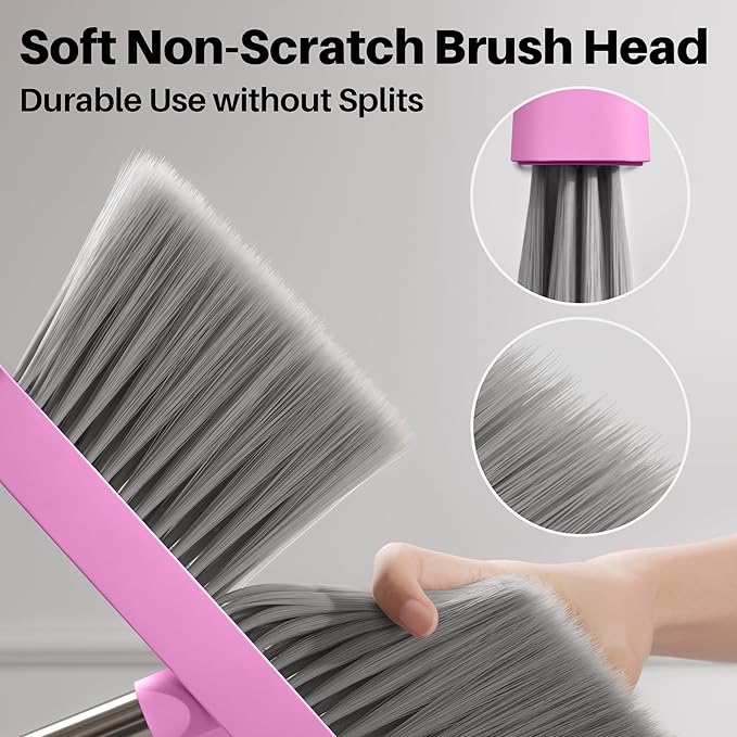 JOYMOOP Pink Broom and Dustpan Set with 56” Handle Upright Angle with Built-in Comb Teeth for Hardwood Floors and Pet Hair