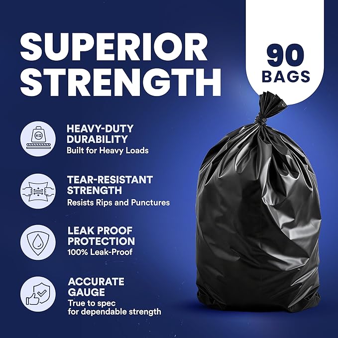 Plasticplace 55-60 Gallon Trash Bags │ 1.2 Mil │ Black Garbage Can Liners │ 35” x 53.5” (90 Count)