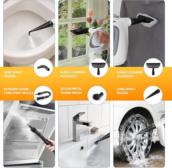 Spurgehom Handheld Multi-Surface Steam Cleaner with 11-Pc Accessories &amp Safety Lock – Dirty-Free 550ML Large Capacity Steamer for Floors Upholstery Cars and Home Use