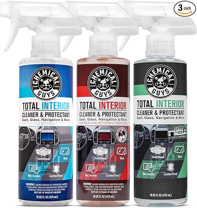 Chemical Guys Total Interior Sprayable Cleaner and Protectant Multi-Scent 3 Pack (Fresh Black Cherry &amp New Car) Safe for Cars Trucks SUVs Jeeps Motorcycles RVs &amp More (3) 16 fl oz Bott