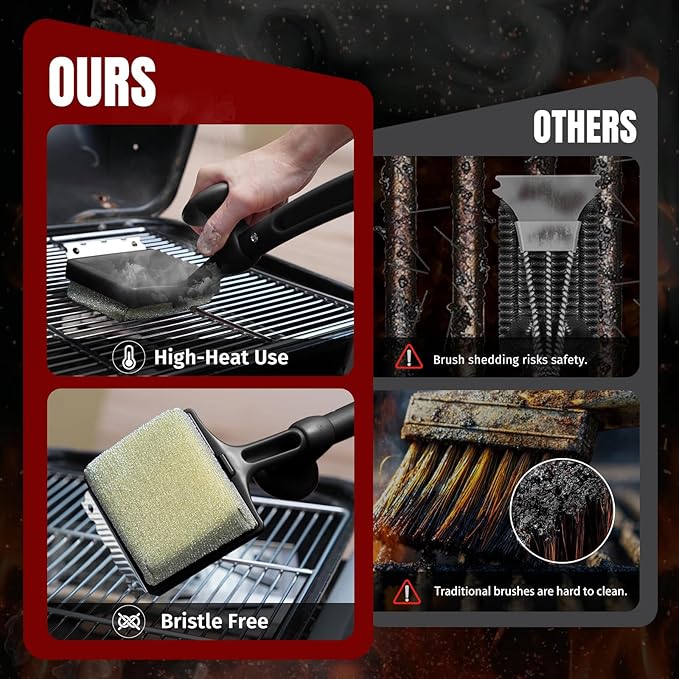 Grill Brush Bristle Free with Aramid Fiber - 600°F Heat Resistant Steam Cleaning Brush Dual Handle BBQ Grill Cleaning Brush with Scraper Replaceable Head for Outdoor Grill Weber Traeger Grates