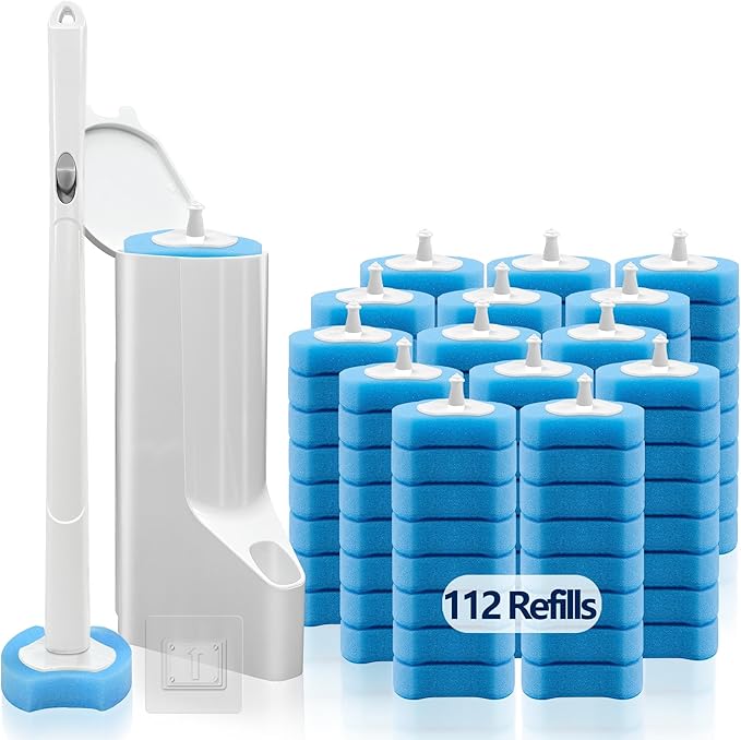 Disposable Toilet Brush with 112 Refills Toilet Bowl Wand and Holder White Toilet Cleaning Brush Toilet Bowl Wand Kit Wall-mounted Toilet Brush Refill for Efficient and Deep Scrub Toilet.