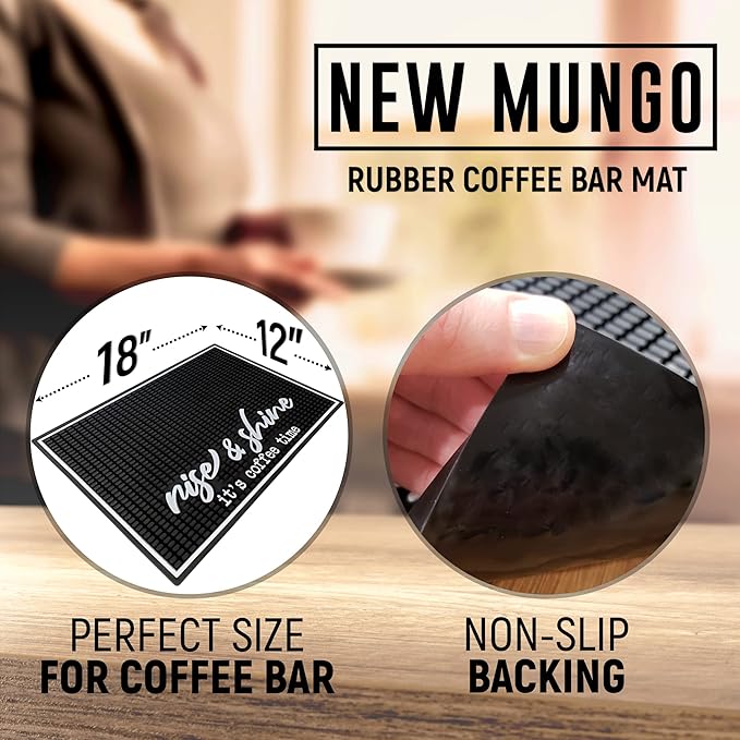 New Mungo Coffee Bar Mat – “Rise &amp Shine It’s Coffee Time” – Spill-Proof PVC Coffee Station Mat Non-Slip Countertop Protector 18x12