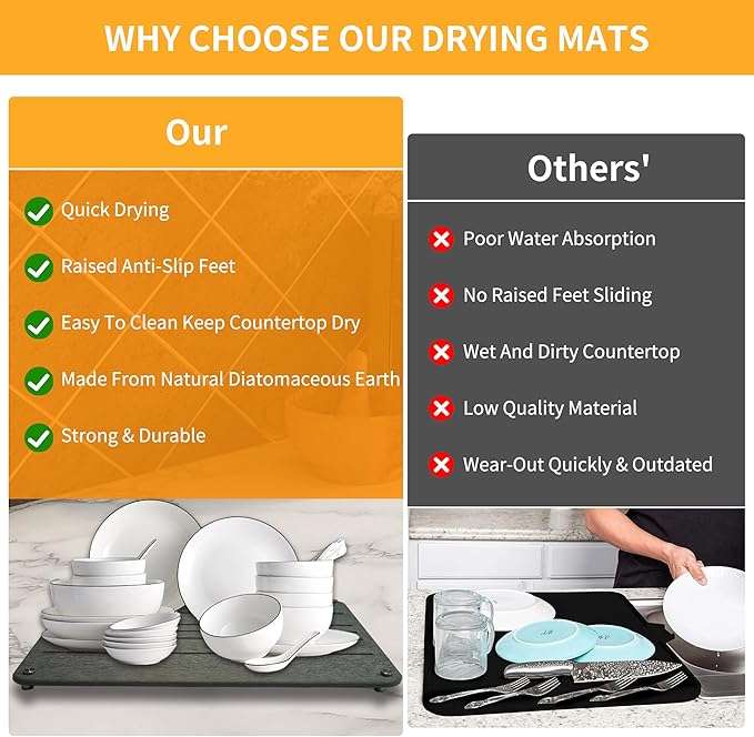 Stone Dish Drying Mat 15.7x11.8(DARK GRAY) Fast Dry Diatomaceous Earth Drying Mat Non-Slip Absorbent Kitchen Bath Counter Mat with Stainless Steel Legs