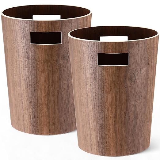 2 Pack 2.3 Gallons Wood Trash Can Wastebasket Natural Wood Round Wastebasket Small Trash Bin for Home Office Under Desk Kitchen Bedroom Hotel Room (Walnut ColorFlat)