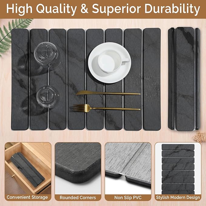2 PCS Stone Dish Drying Mat for Kitchen CounterQuick Dry Stone Dishes MatsMarbled Water Absorbing Diatomaceous Earth Drying Pad for Countertop Bottles Utensils Cups（Dark Gray 20×14 &amp 8x4）