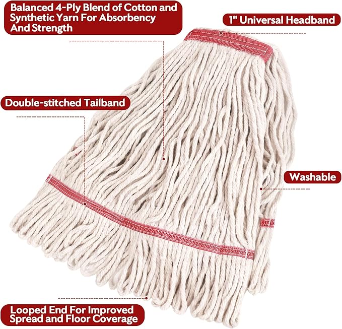 MATTHEW CLEANING Heavy Duty Mop Head Commercial Replacement for General and Floor Cleaning Wet Industrial Blue Cotton Looped End String Head Refill (Case of 24) White