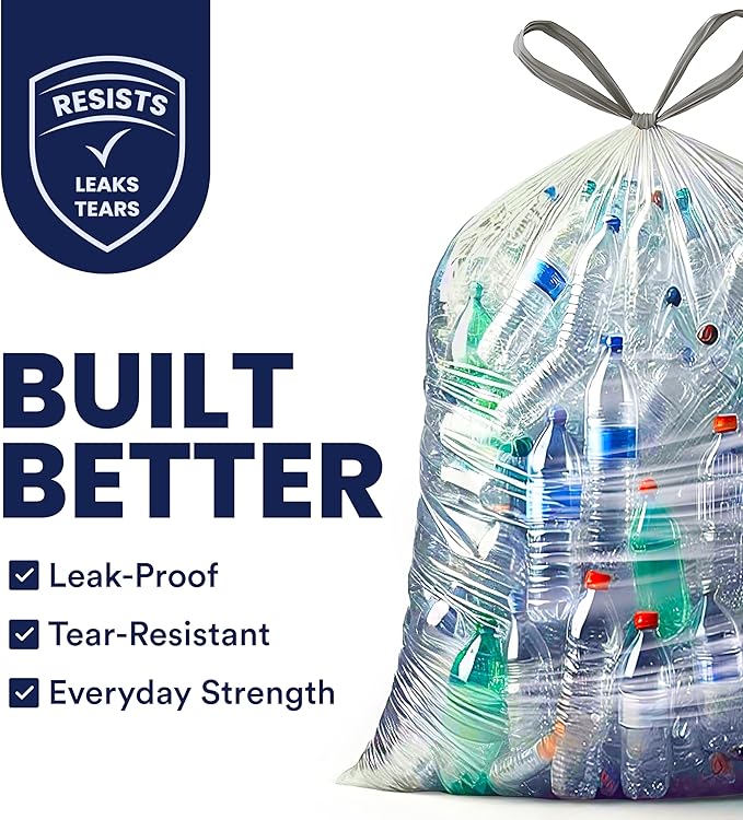 Plasticplace 32-33 Gallon Recycling Bags │ 0.9 Mil │ Clear Drawstring Garbage Can Liners │ 33 x 38 (100 Count)