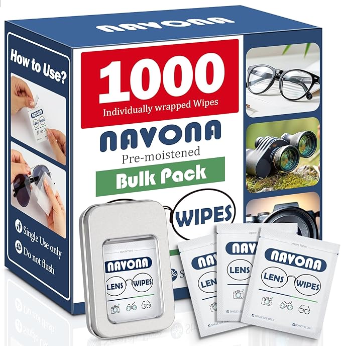 Navona Pre Moistened Lens Wipes for Eyeglasses - 1000 Count Individually Glasses Cleaner WipesNo ScratchNo Streak Eyeglass Cleaning Wipes for ScreenPhoneLaptopSunglasses
