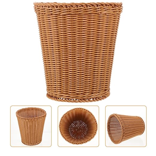 Amosfun Rattan Waste Baskets Round Woven Trash Can Wicker Garbage Containers Bin Rustic Flower Baskets Laundry Hamper for Home Bathroom Kitchen Office Brown