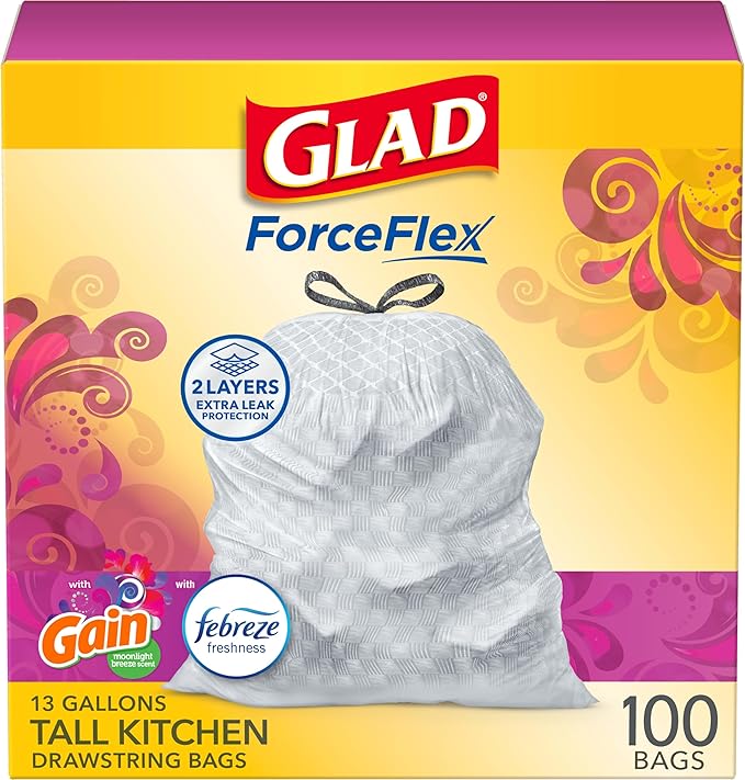 Glad ForceFlex Tall Kitchen Trash Bags 13 Gal Gain Moonlight Breeze 100 Ct (Package May Vary)