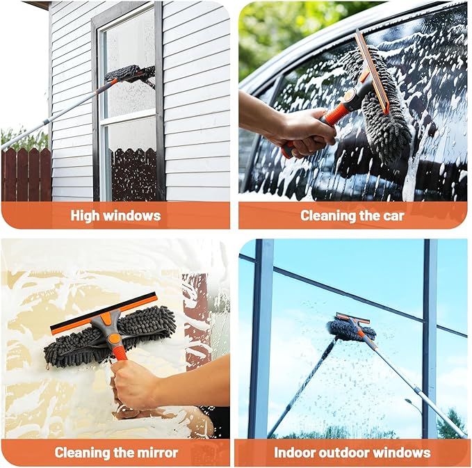 Eazer 2-in-1 Window Cleaner Tool 64'' Window Squeegee for Home Window Cleaning Squeegee Kit with Telescopic Pole Window Washing Kit with Rotatable Bendable Head(Threaded + Telescopic)