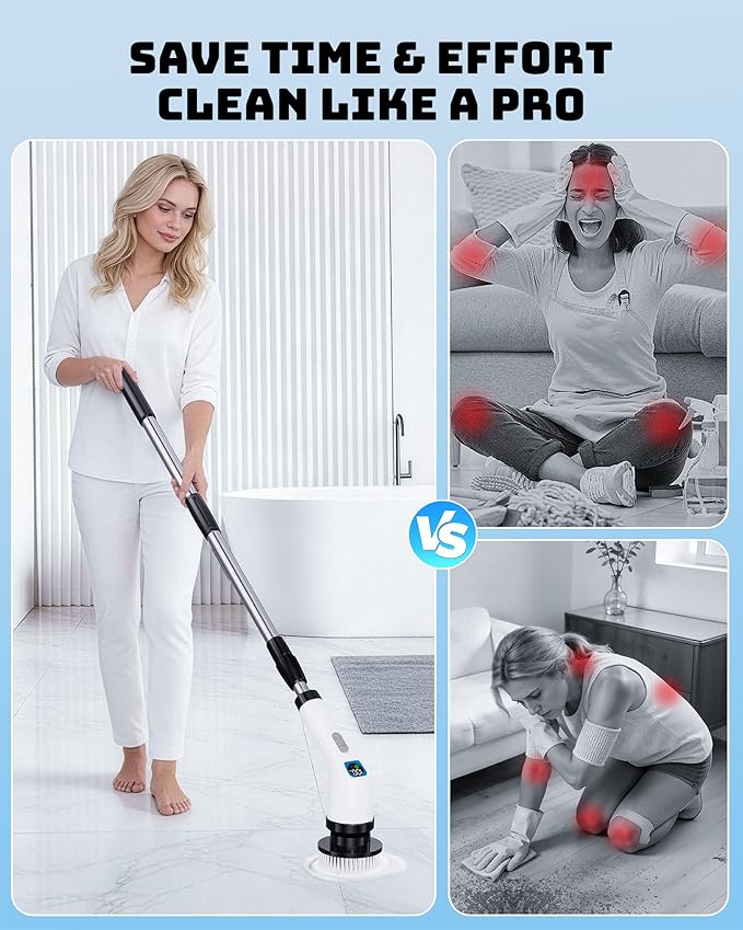 Electric Spin Scrubber IPX7 Shower Scrubber 7 Replaceable Brush Heads-90Mins Work Time 2-Speed Adjustable Bathroom Scrubber 3-Height Adjustable Handle Cordless Tub Scrubber for Bathtub Kitchen Glass