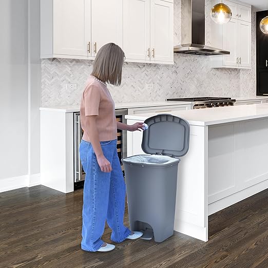 Glad Kitchen Trash Can | Large Plastic Waste Bin with Odor Protection of Lid | Hands Free with Step On Foot Pedal and Garbage Bag Rings 13 Gallon Grey