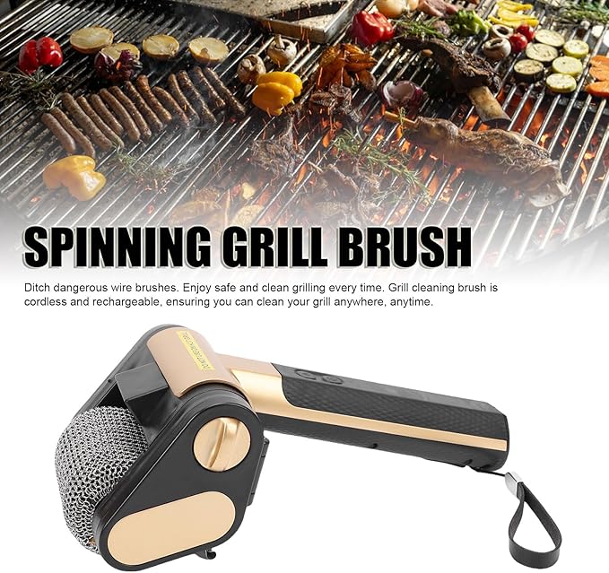 Electric Grill Cleaner Cordless Rechargeable BBQ Accessories Scrubber Brush with 350 RPM Stainless Roller LED Light Spinning Grill Cleaning Scrub Brush for BBQ Grates (Black)