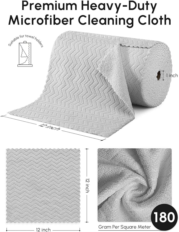 Microfiber Cleaning Cloths Roll 75 Pack Tear Away Microfiber Towels Roll 12 x 13 Lint Free Rags Reusable Cleaning Cloths Washable Scratch FreeUltra Absorbent Dish Rags(Grey Ripple)