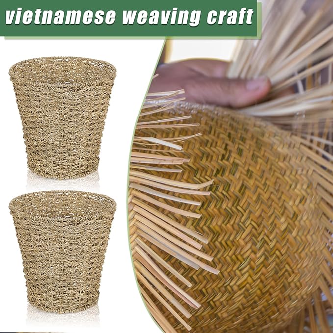 Hushee 4 Pcs Seagrass Waste Basket 3 Gallons Wicker Waste Basket Woven Rattan Trash Can Boho Wicker Garbage Can for Bathroom Bedroom Kitchen Offices Home Brown