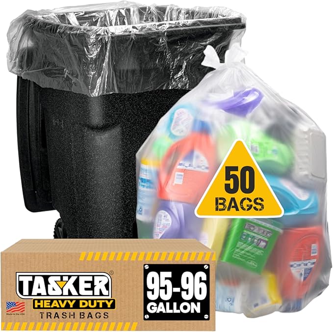Tasker 95-96 Gallon Trash Bags (Value Pack 50 Bags w/Ties) Extra Large Heavy Duty Clear Plastic Recycling Trash Bags 90 Gallon 95 Gallon 96 Gallon 100 Gallon (Clear)