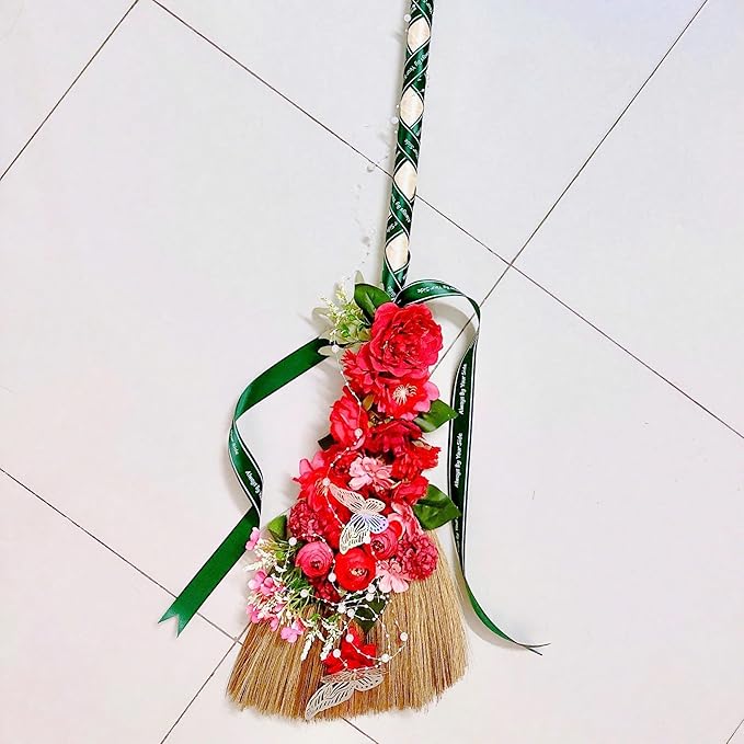 Vietnamese Natural Whisk Broom - Straw Soft Broom - Long Handle Broomstick for Cleaning Decoration Wedding with 45.28 inch Length