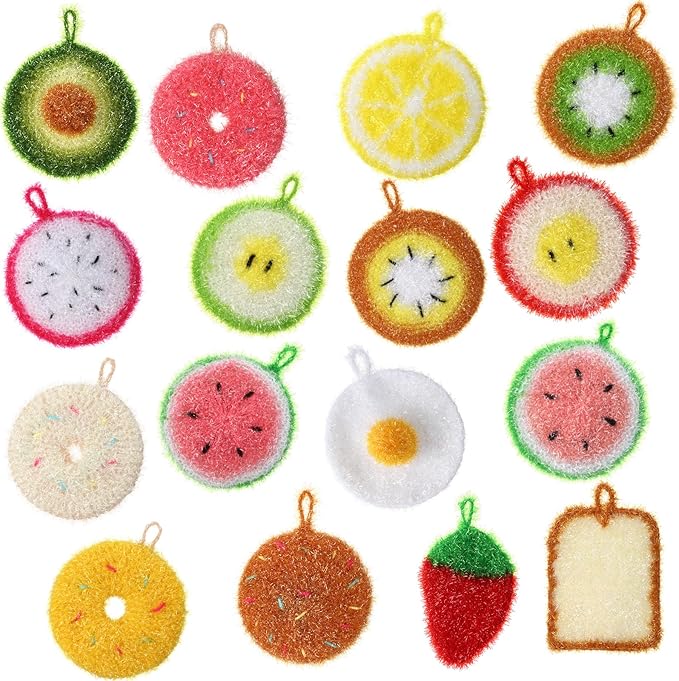 Mifoci 16 Pcs Fruit Dish Scrubber Non Scratch Dish Washing Scrubbers Double Layered Dishes Washing Sponges Reusable Household Cleaning Kitchen Tools for Dishwashing Dishes Cookware Tubs Sinks