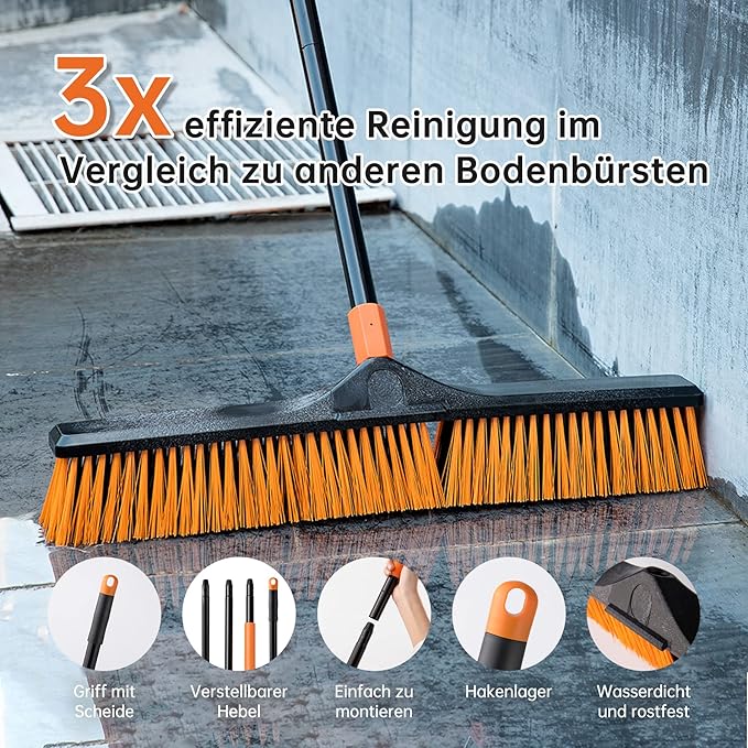 24”Push Broom Brush for Floor Cleaning with 65” Long Handle and Stiff Bristles Heavy Duty Brush for Shop Deck Garage ConcreteIndoor and Outdoor Broom 2 SetOrange