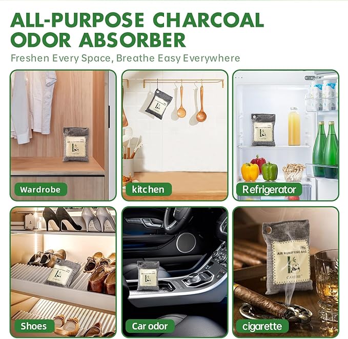 Activated Charcoal Odor Eliminator for Strong Odors 100% Bamboo Charcoal Bags Natural Odor Absorber for Home Car Closet and Pet Areas Natural Freshener (100g*10 Pack)