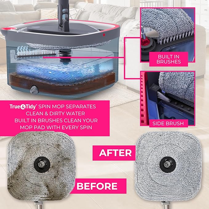 True &amp Tidy True Clean Spin Mop &amp Bucket System – Dual Compartment Design for Clean &amp Dirty Water 360° Swivel Mop Head Built-in Scrubbing Brush Stainless Steel Handle &amp 2 Reusable M