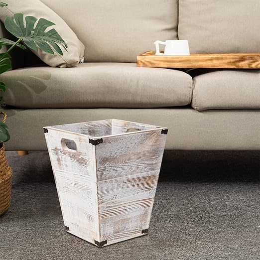 VERGOODR Farmhouse Style Wooden Square Trash Can with Cutout Handles Decorative Metal Wastebaskets for BedroomLiving Room Bathroom &amp OfficeWaste Bin Trash bin