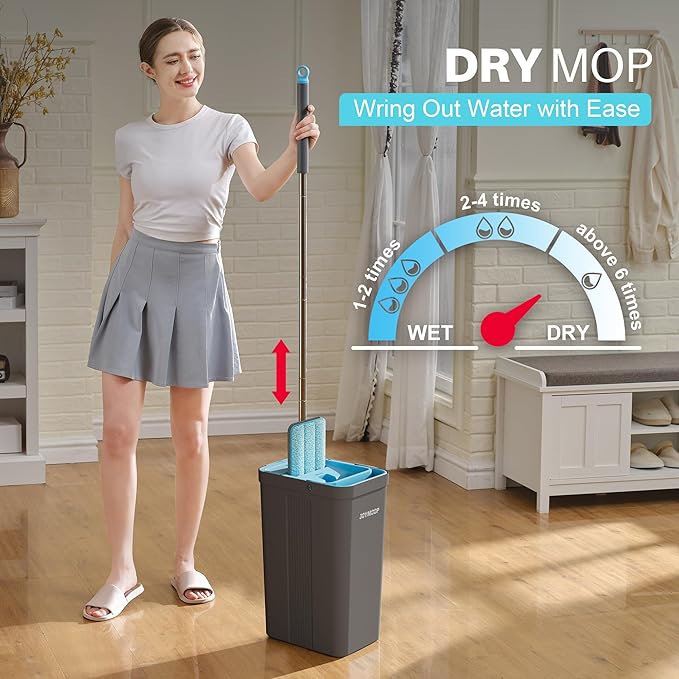 JOYMOOP Mop and Bucket Set with Wringer Mops for Floor Cleaning Wall Mop Cleaner with Long Handle with 4 Reusable Microfiber Mop Pads - Grey+Cyan Blue