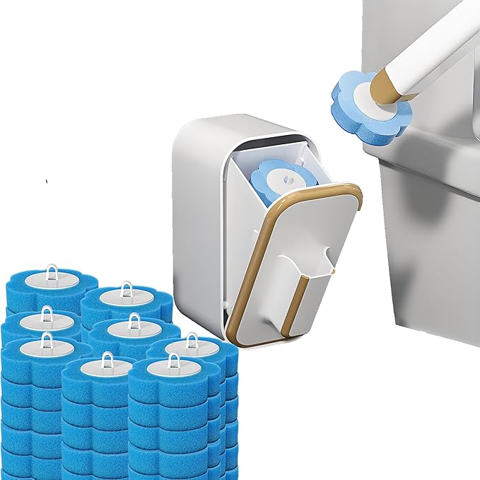 Disposable Toilet Brush with 48 Refill Heads and Holder– Includes Storage Caddy&ampToilet Bowl Wand Wall-Mount Scrubbing Toilet Brush Bathroom Cleaning Kit (1 Wand+48 Refills)