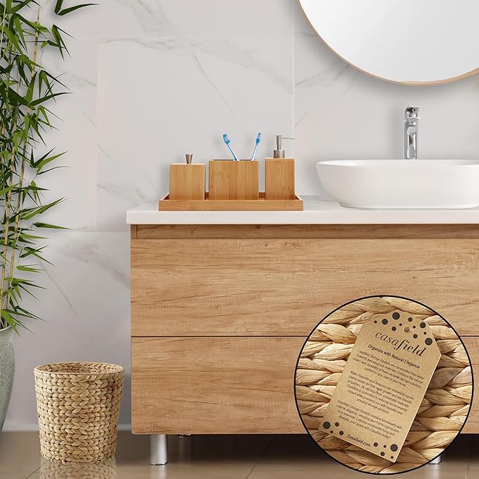 Casafield Set of 2 Water Hyacinth Waste Baskets - Natural Round Woven Trash Can Bins for Bathroom Bedroom Laundry Room Home Office