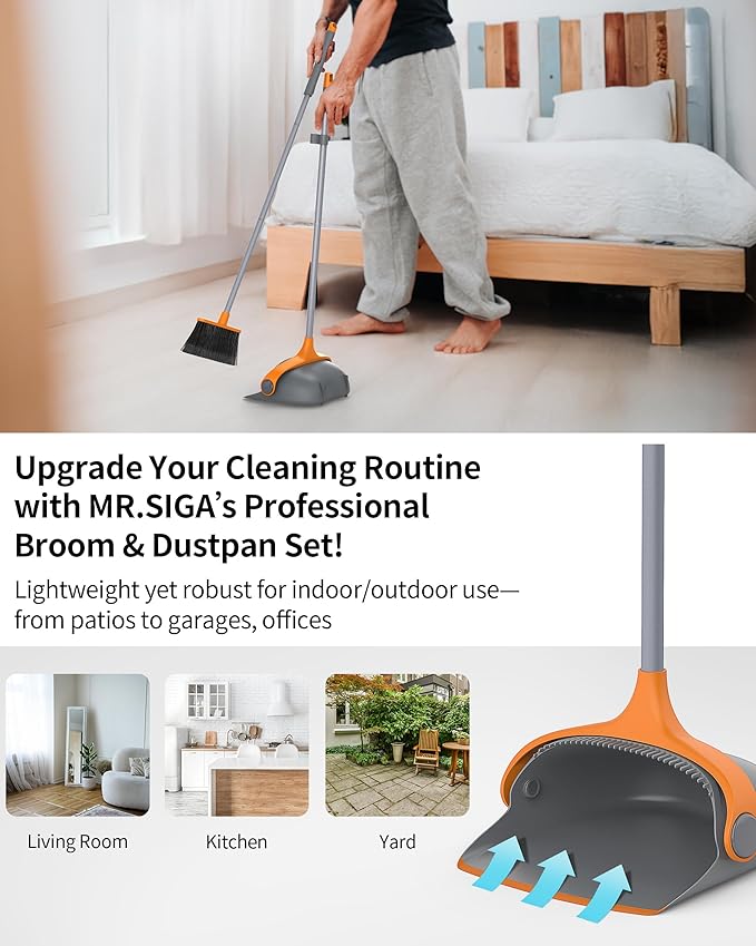 MR.SIGA Broom and Dustpan Set with Long Handle Stand Upright Broom with Dustpan Combo for Cleaning Office Garage Lobby Lightweight Sweeping Set 51.7(131 cm) Long Handle Gray &amp Orange
