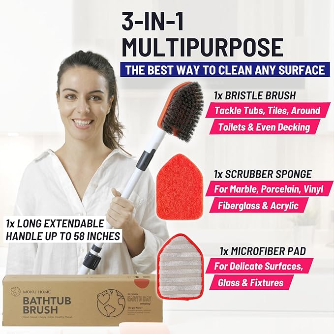 Shower Scrubber 3 in 1 Extendable Long Handle 58 Cleaning Brush - Non Scratch Shower Brush for Cleaning Bathroom Kitchen Toilet Wall Tub Tile Sink (Red)