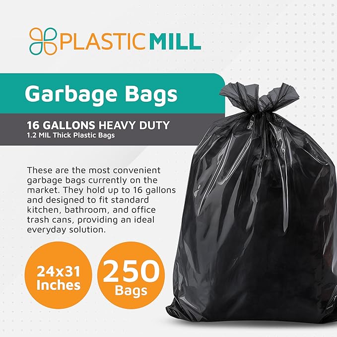 PlasticMill Heavy Duty Trash Bags - Black Garbage Bags - Plastic Trash Bags - Kitchen Bathroom Office Garbage Bags Trash Can Liners - 12-16 Gallon 1.2 Mil 24x31 (250-Count)