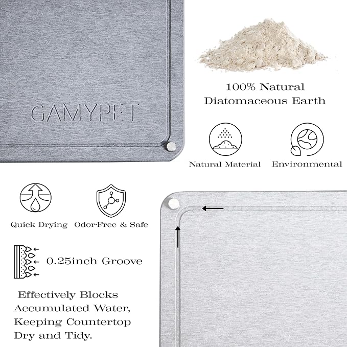 Stone Dish Drying Mat 24×16 Large Diatomaceous Earth Dishes Quick Dry Pad for Kitchen Counter with Heighten Stainless Steel Feet Fits Various Countertops &amp Drain Bowl Racks Dark Gray