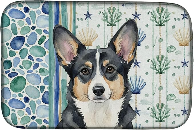 Caroline's Treasures Black and White Cardigan Welsh Corgi Coastal Sea Glass Dish Drying Mat Absorbent Dish Drying Mat Pad for Kitchen Counter Dish Drainer Mat for Countertop 14 x 21 Multicolor