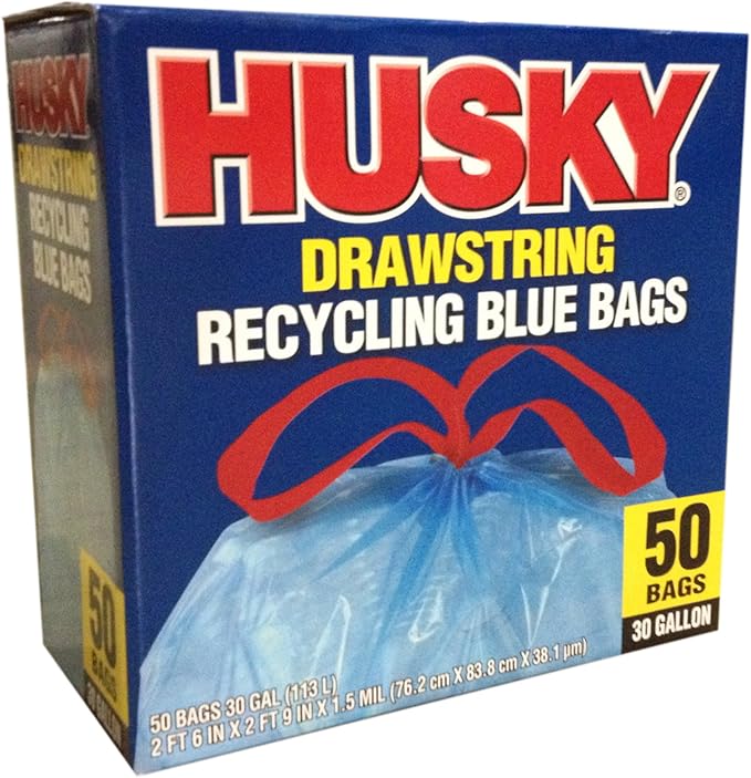 Husky HK30DS050BU 30-Gallon Drawstring Recycling Blue Bags 50 Count