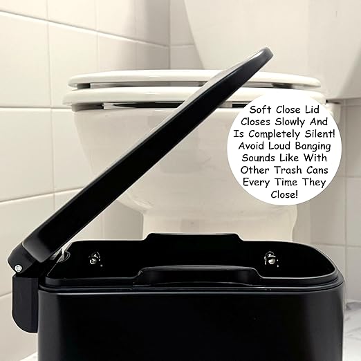 Homie Soft Close Slim Trash Can 6 Liter / 1.6 Gallon with Anti - Bag Slip Liner and Lid Use as Mini Garbage Basket Slim Dust Bin or Decor in Bathroom Restroom Kitchen or Bedroom (Matte Black)