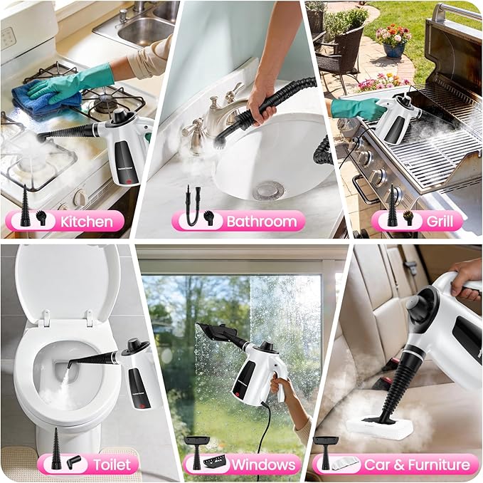 LABIGO Steam Cleaner Pressurized Handheld Multi-Surface Natural Steam Cleaner with 12pcs Accessory &amp Safety Lock Portable Steamer for Cleaning Home Kitchen Bathroom Car Upholstery Grout Wi