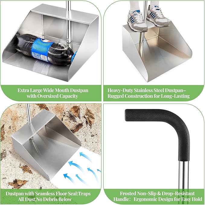 32In Extra Large Dust Pan with Long HandleHeavy Duty Metal Dust Pan for Jumbo Debris Pan-Commercial Stand up DustpanWide Mouth Outdoor Dustpan for Courtyards/Garage/Sidewalks-Professional Cleaning