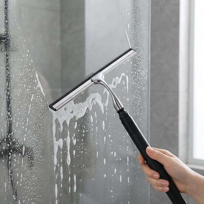 2 in 1 Window Squeegee Shower Squeegee Window Cleaning Kit with Extension Pole Long Handle Squeegee for Shower Glass Floor Bathroom Home Outdoor 12 inch Wide Black