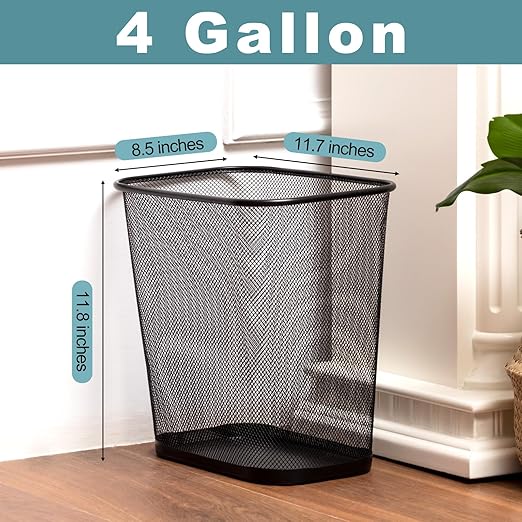 Nuanchu 1 Pcs Mesh Square Trash Cans 4 Gallons Wire Wastebasket for Home Black Metal Office Garbage Cans Rectangular Open Top Trash Bin for Kitchen Bathroom Bedroom 11.7 x 8.5 x 11.8 Inch (Black)