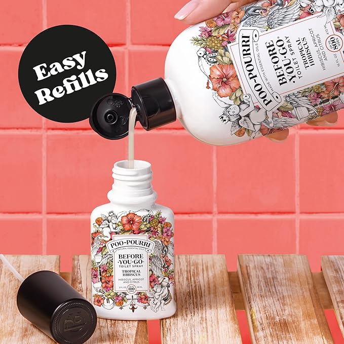 Poo-Pourri Before-You-Go Toilet Spray Refill Tropical Hibiscus 16 Fl Oz Up to 800 Uses Bathroom Odor Deodorizer with Essential Oils for Home or Work Hibiscus Apricot and Citrus Scent