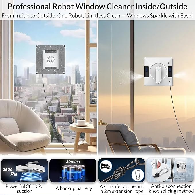 Smart Window Cleaning Robot With Dual Water Spray3800pa Suction Multiple Anti - Fall ProtectionAI Path PlanningApp &amp Remote ControlIdeal Window Washer Robot For High-Rise Windows And Glass Do
