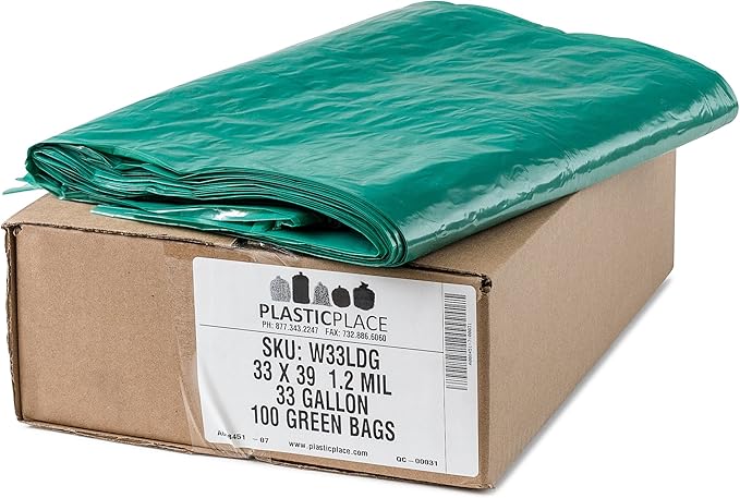 Plasticplace 31-33 Gallon Trash Bags │ 1.2 Mil │ Heavy Duty Garbage Can Liners │ 33 x 39 Green 100 Count